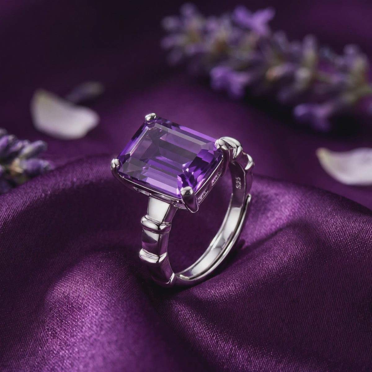 Slow studio macro movement around an emerald-cut violet amethyst ring on purple silk.