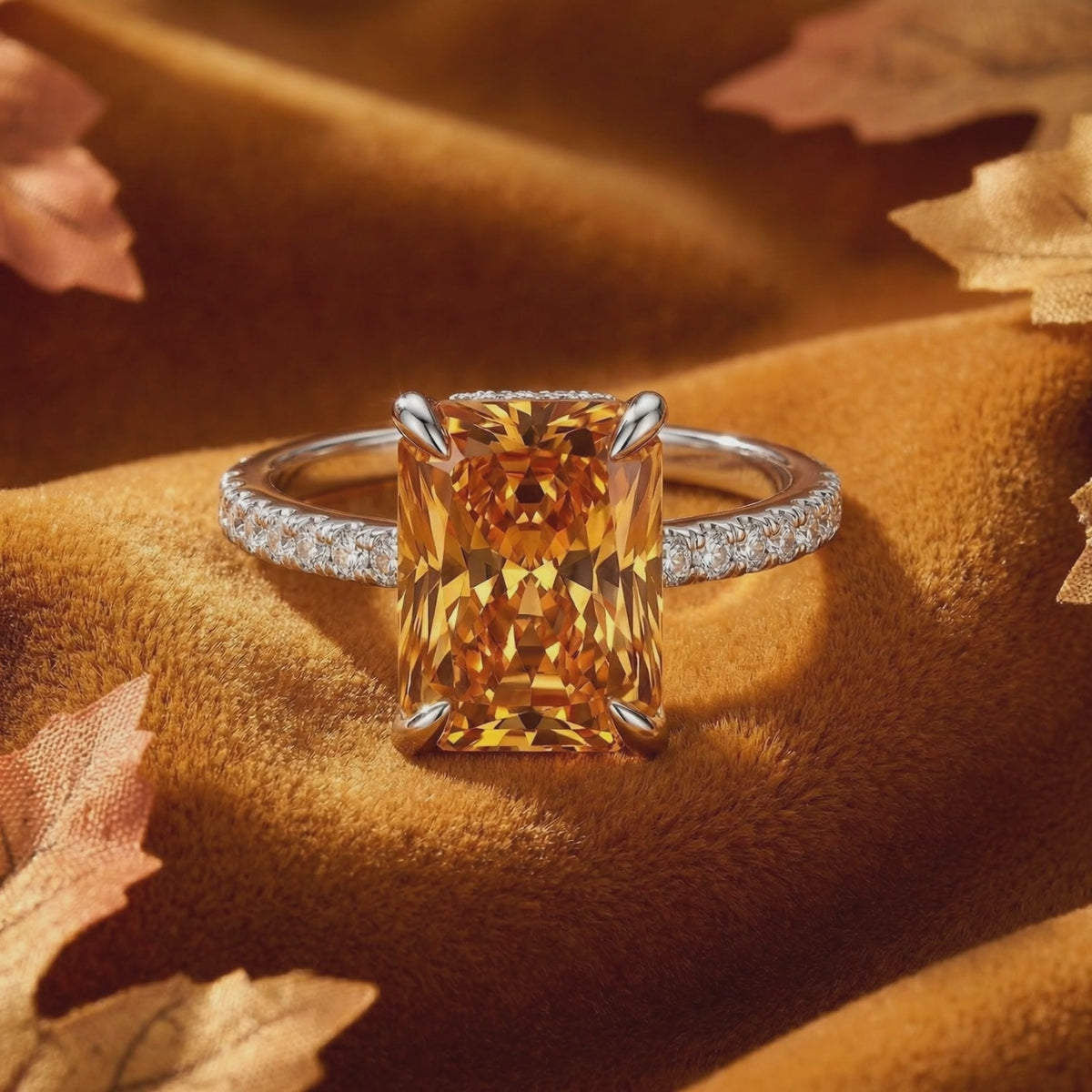 Radiant simulated topaz solid gold ring.