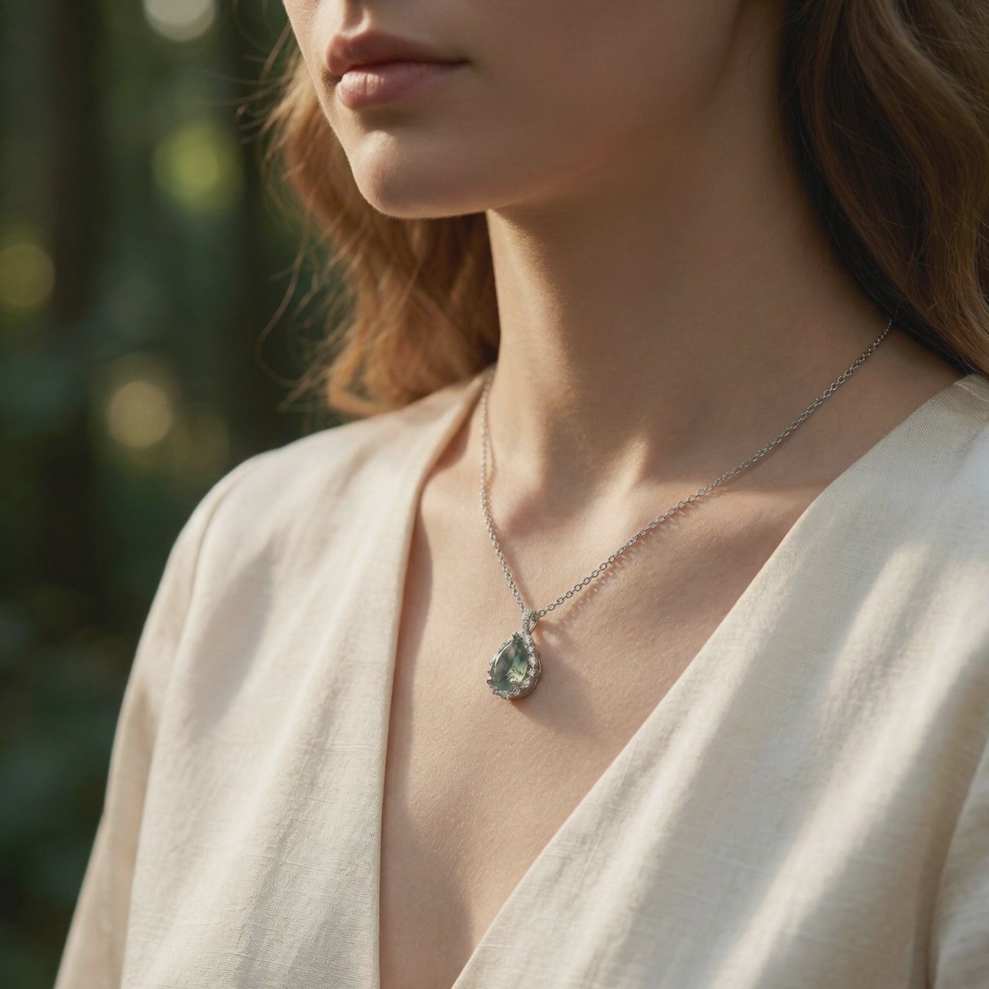 Natural Moss Agate Teardrop Necklace in solid white gold.