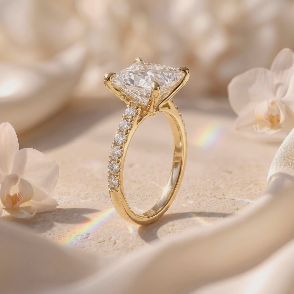 Side profile of a yellow-gold princess-cut pavé solitaire ring displayed among white orchids.