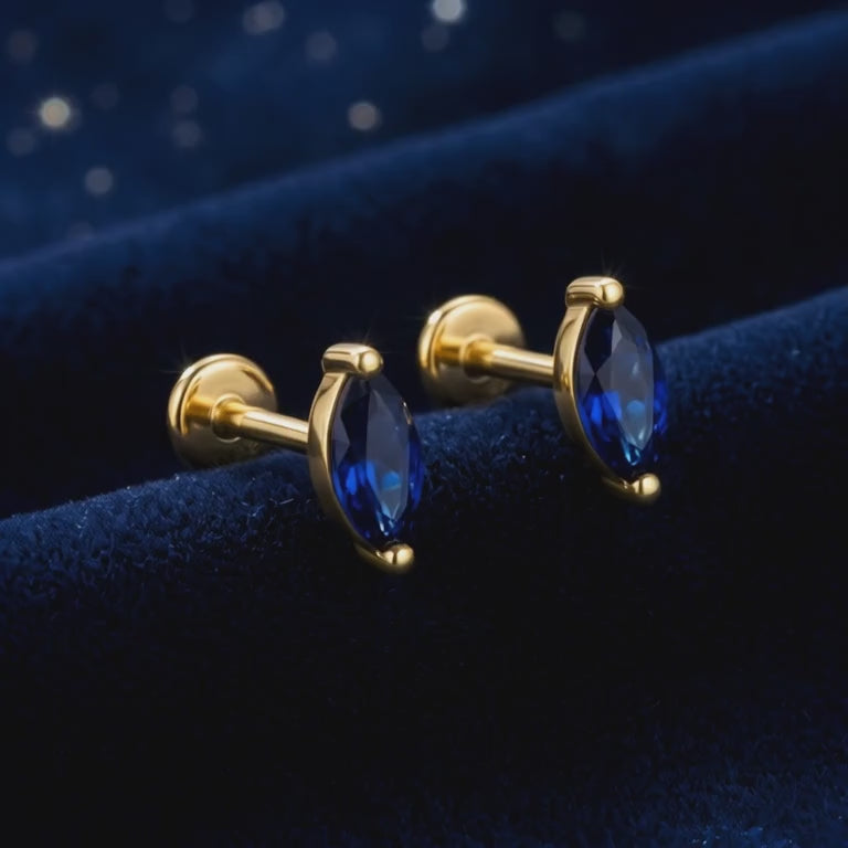 Marquise simulated sapphire solid gold earrings.
