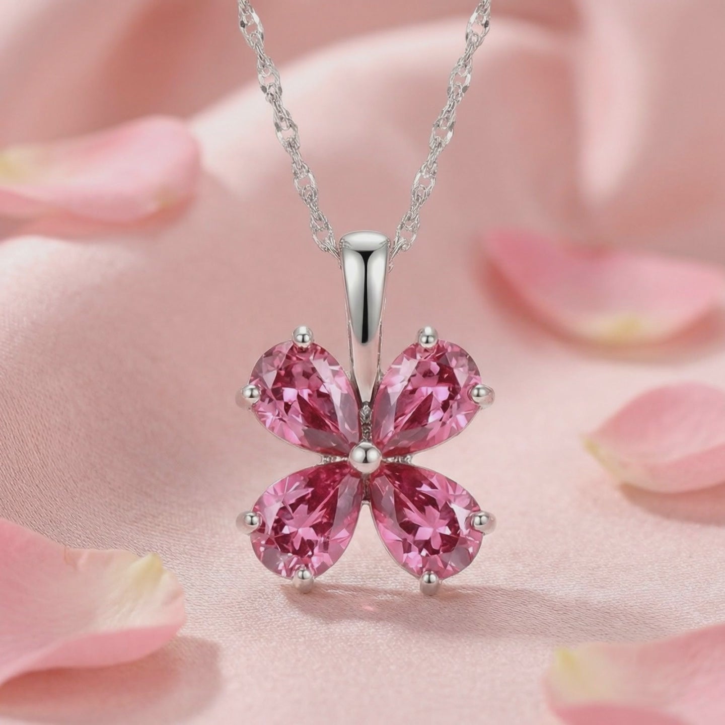 Solid gold necklace with simulated pink tourmaline flower pendant.
