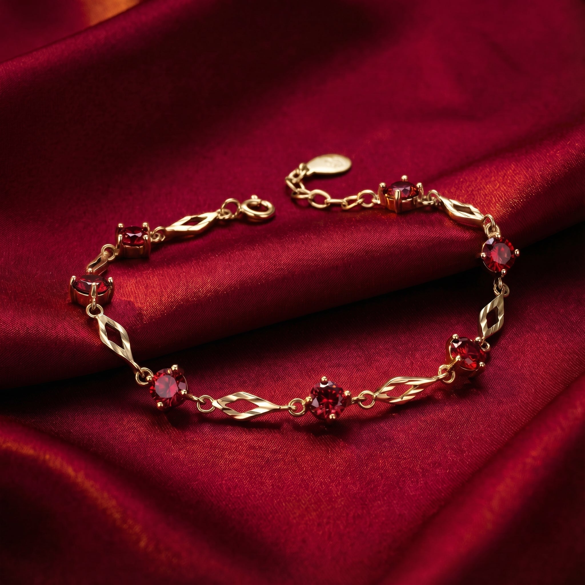 The Aderyn Station Bracelet with simulated rubies in yellow gold.