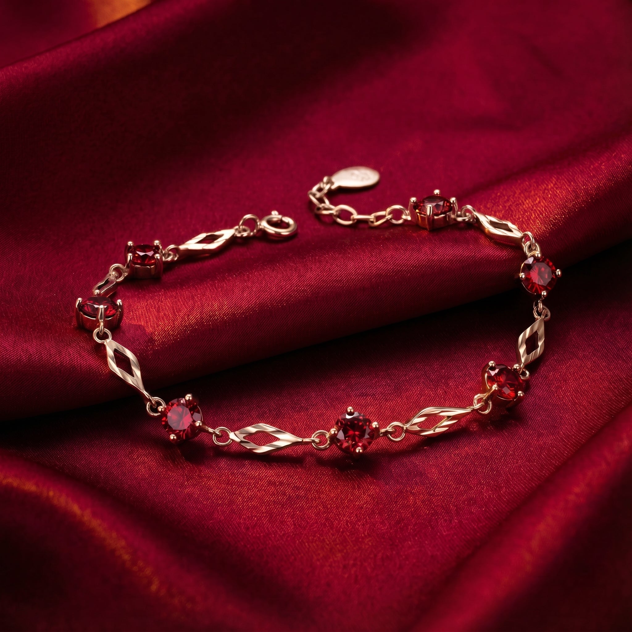 The Aderyn Station Bracelet with simulated rubies in rose gold.