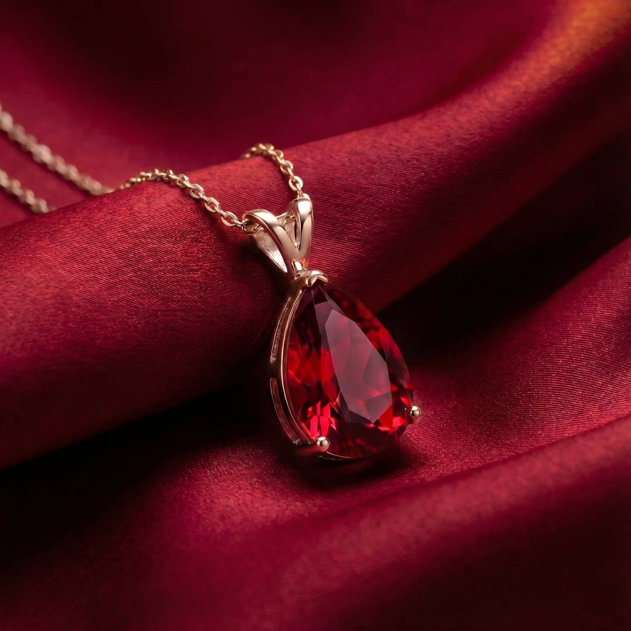 The Amarante Pear moissanite necklace in solid rose gold.