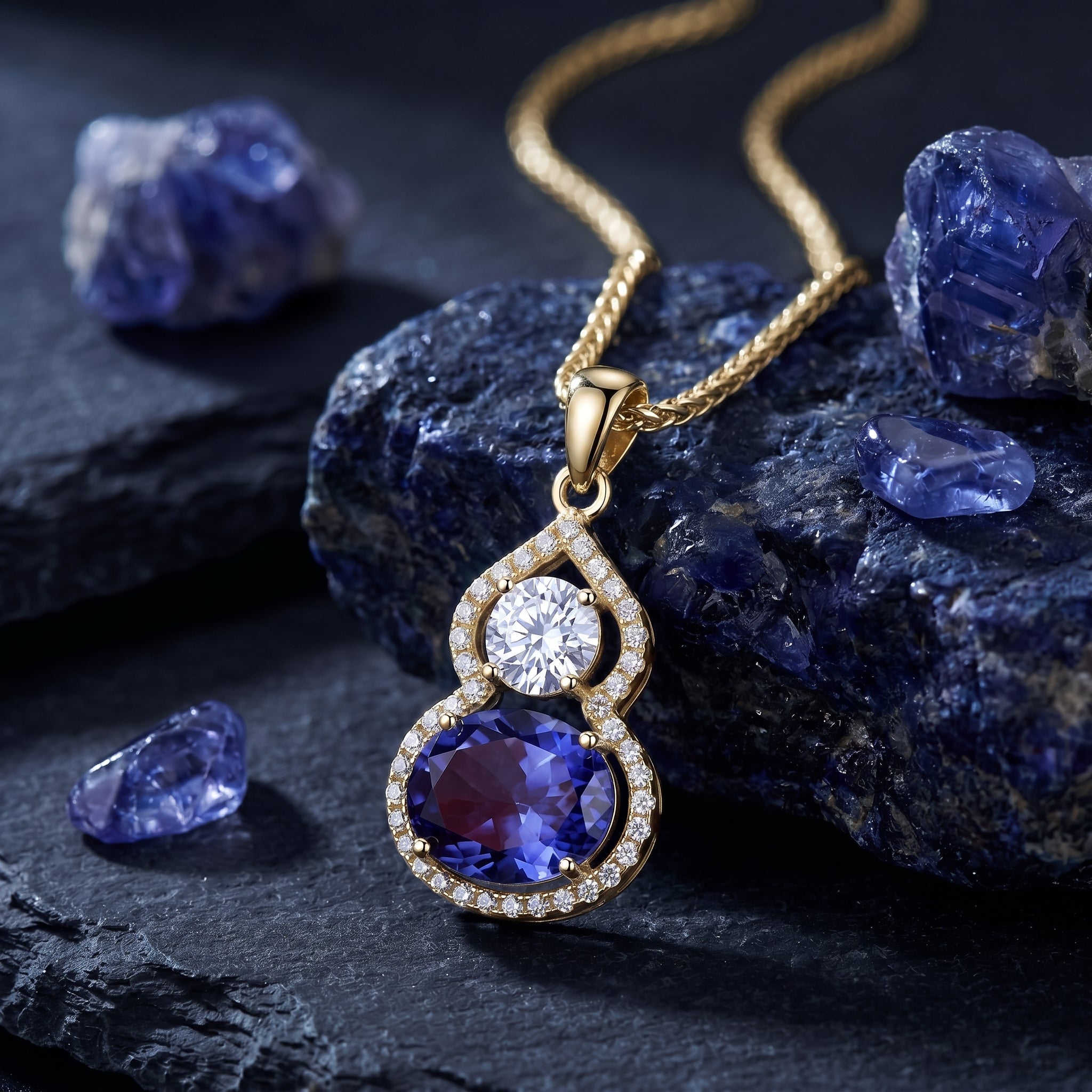 Amellina oval tanzanite pendant necklace in 10K, 14K, or 18K solid yellow gold.