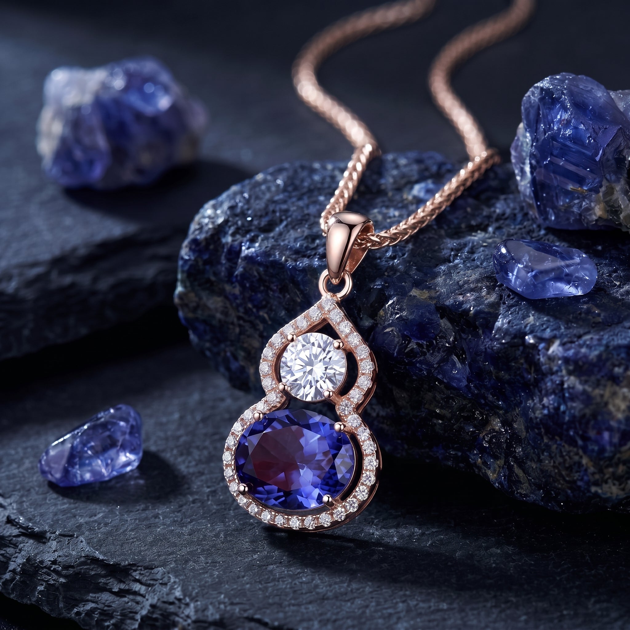 Amellina oval tanzanite pendant necklace in 10K, 14K, or 18K solid rose gold.
