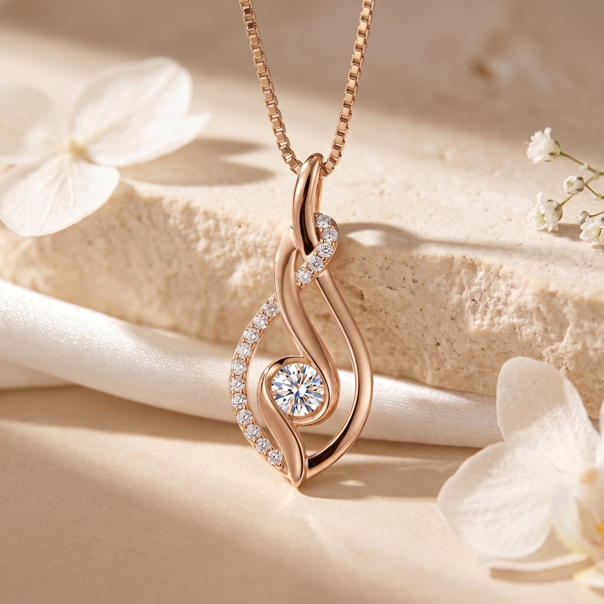 The Anneliese moissanite pendant necklace in rose gold.