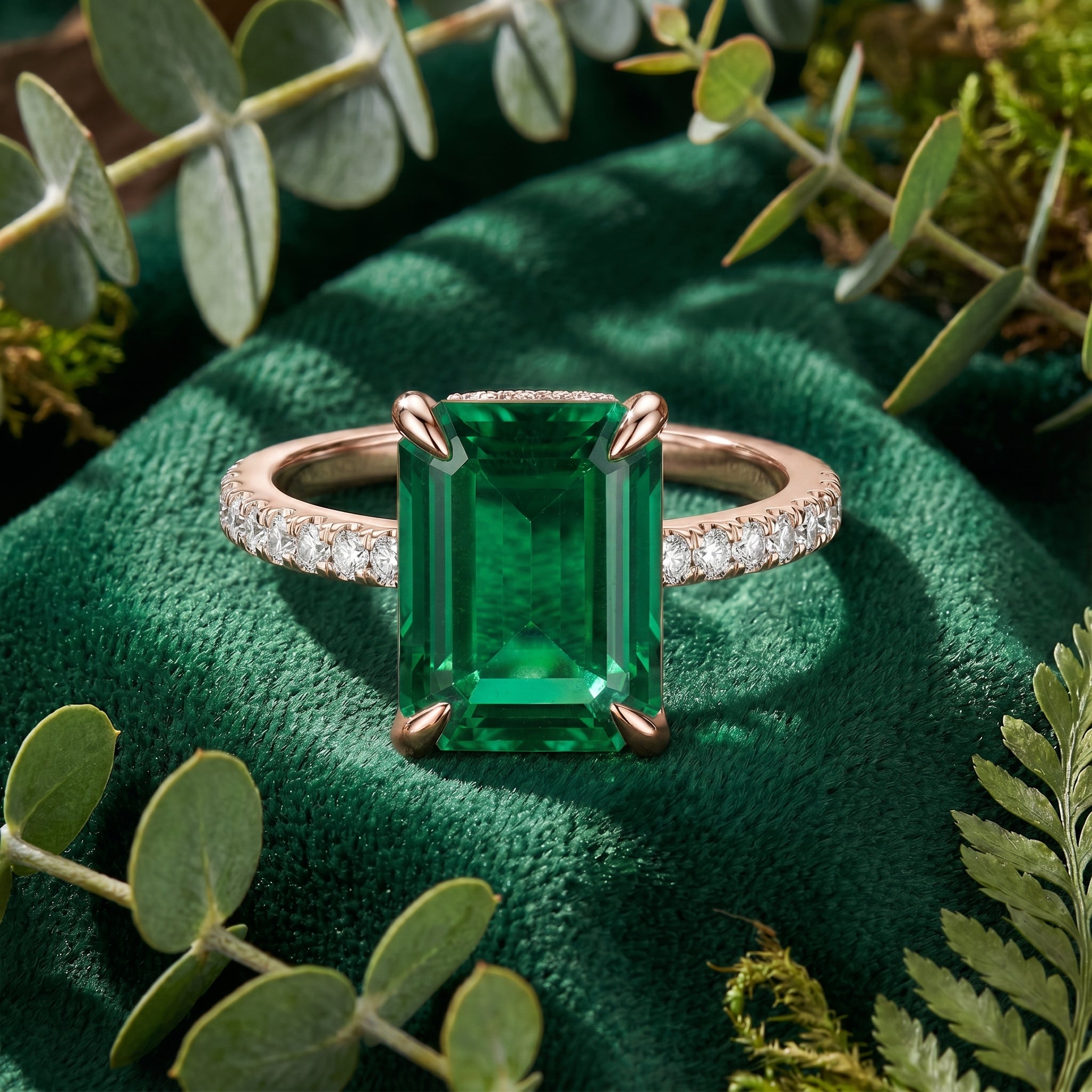 The Arista Ring, a solid rose gold ring with a simulated emerald.