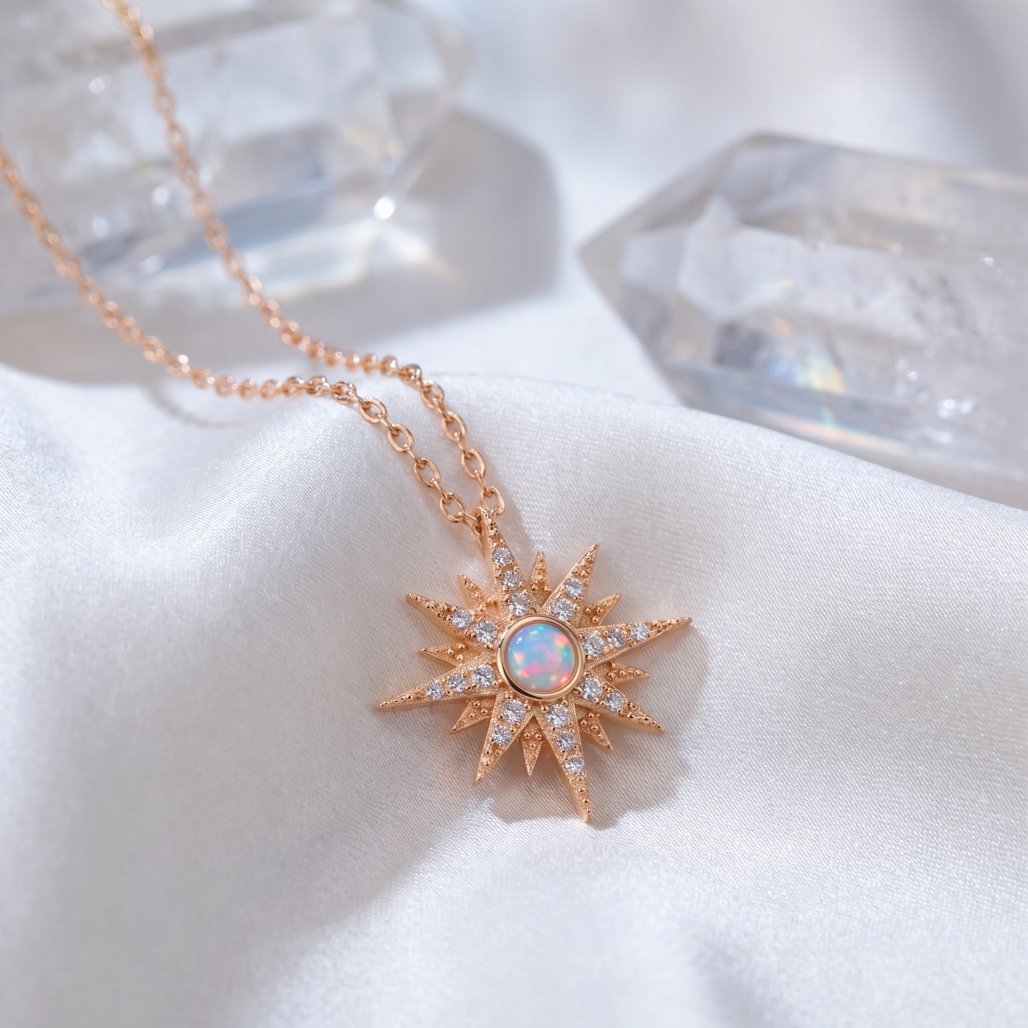 Solid rose gold Astralia necklace featuring a natural white opal.