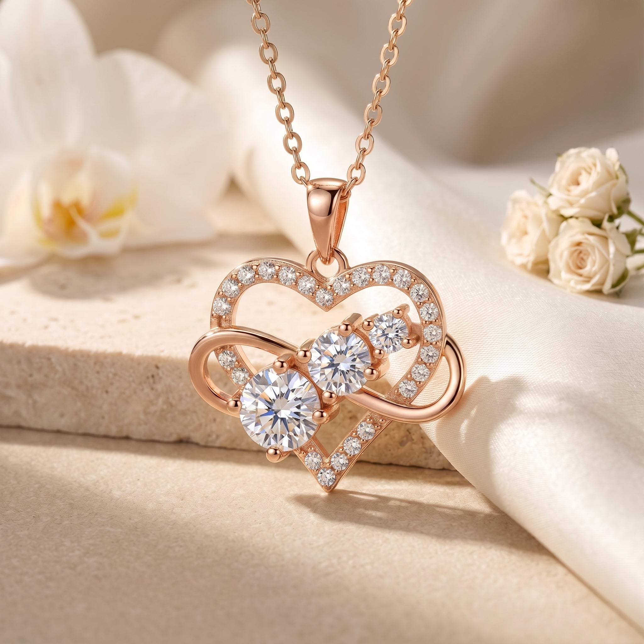 Rose Gold Aureliette moissanite heart infinity pendant necklace.