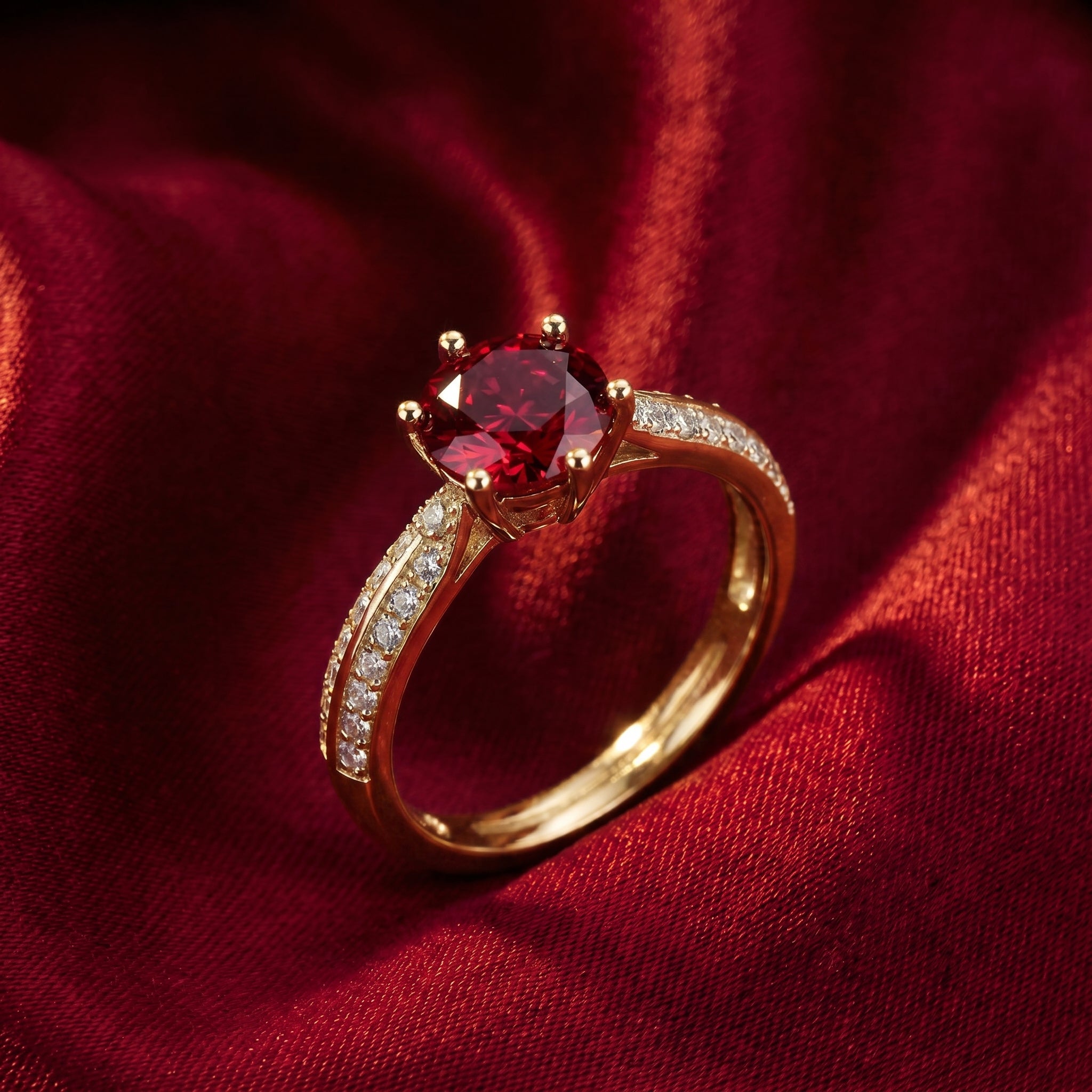 Simulated ruby solitaire ring in solid yellow gold.