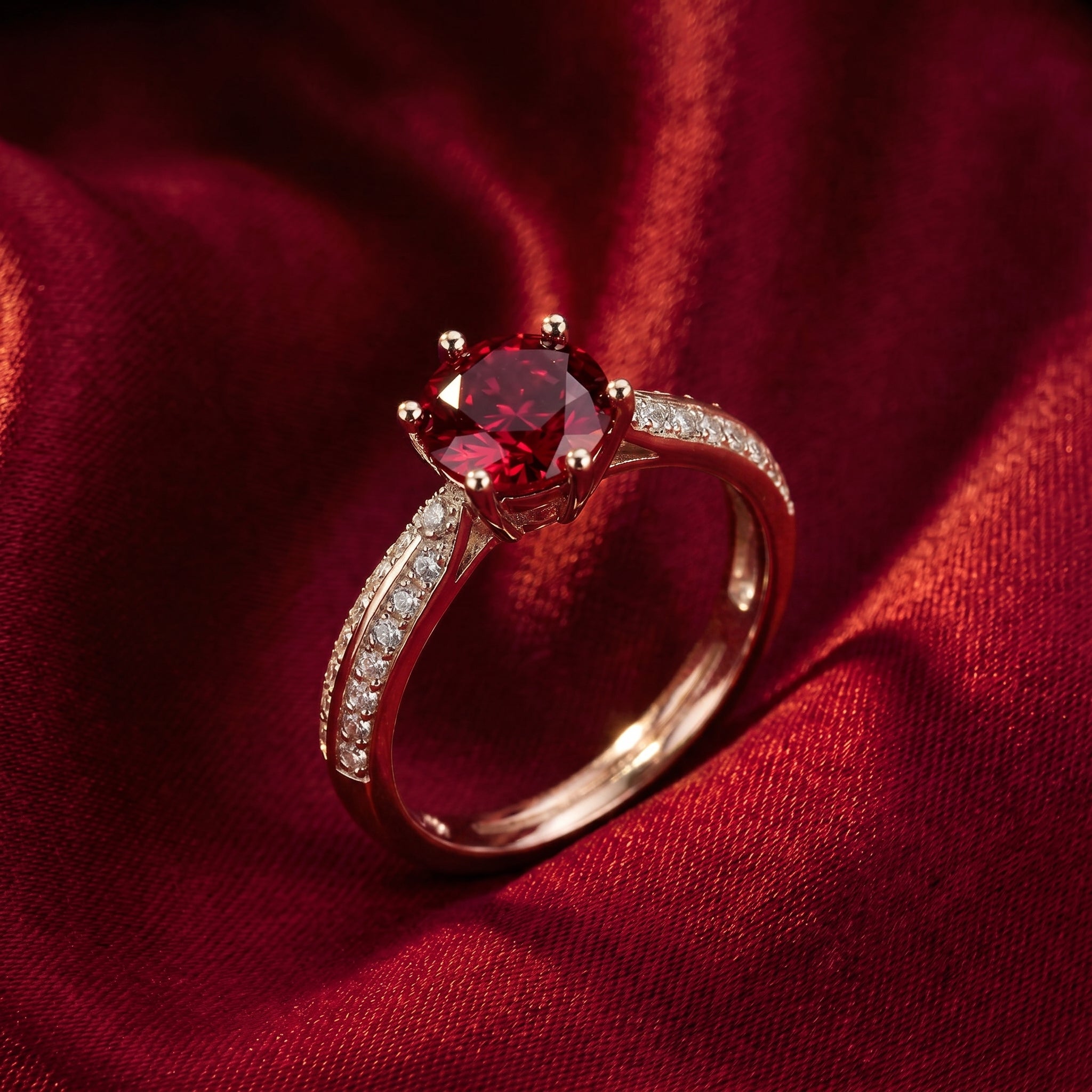 Simulated ruby solitaire ring in solid rose gold.