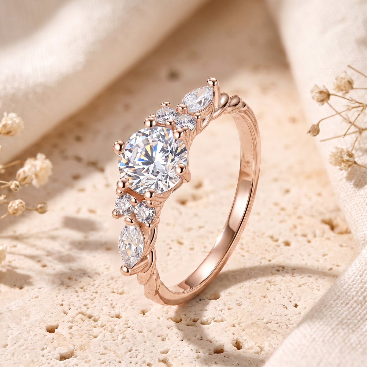 The Carlotta Ring in 14K or 18K Solid Rose Gold with simulated diamonds.