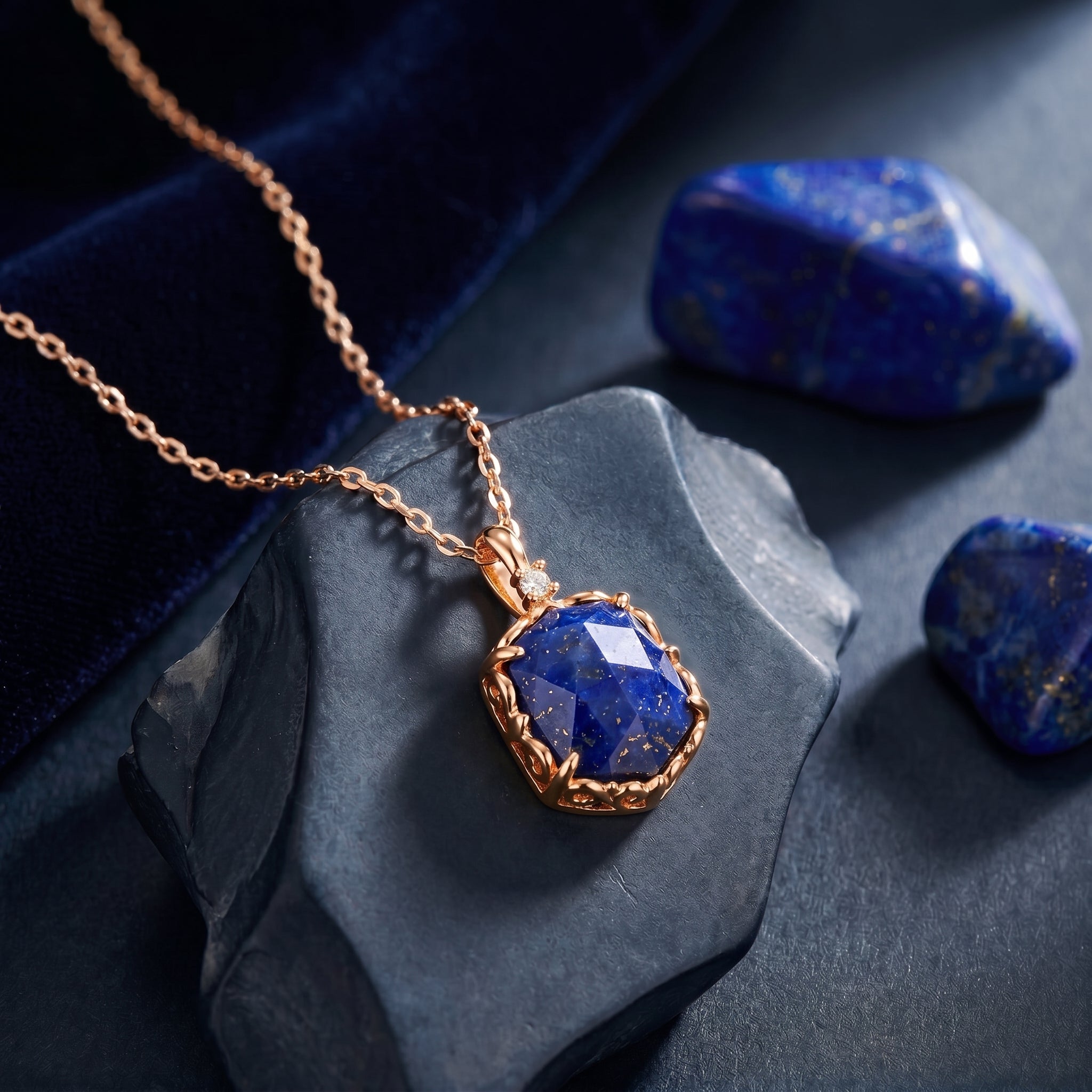 A solid rose gold lapis lazuli necklace.