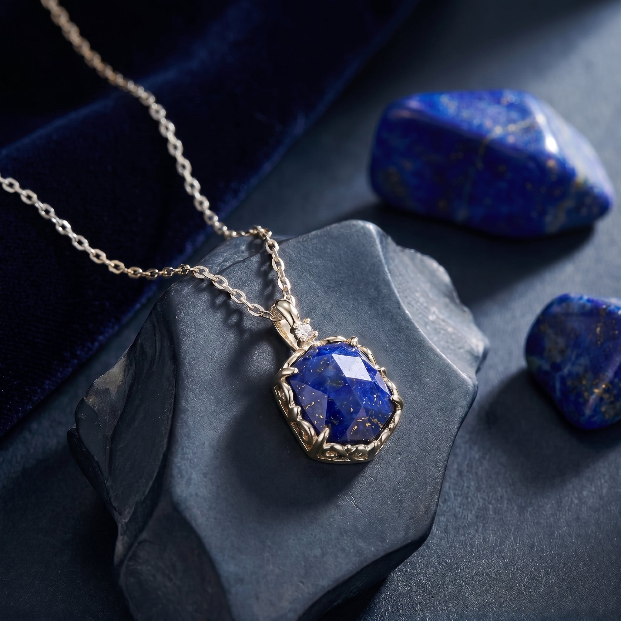 A solid gold lapis lazuli necklace.
