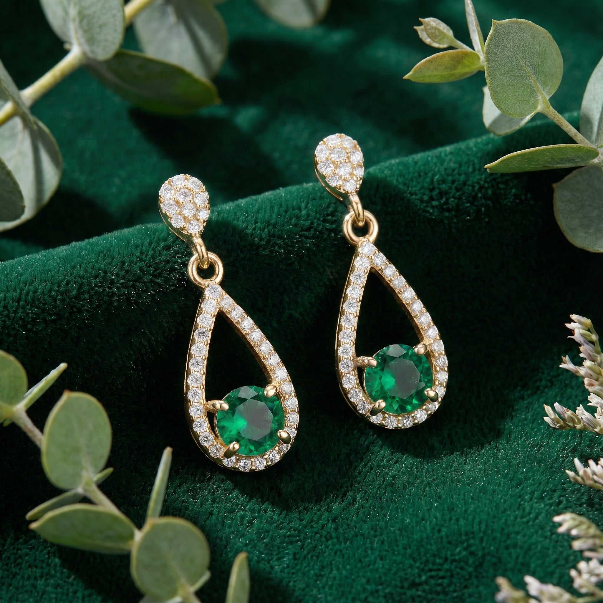 Simulated emerald drop earrings in solid yellow gold.