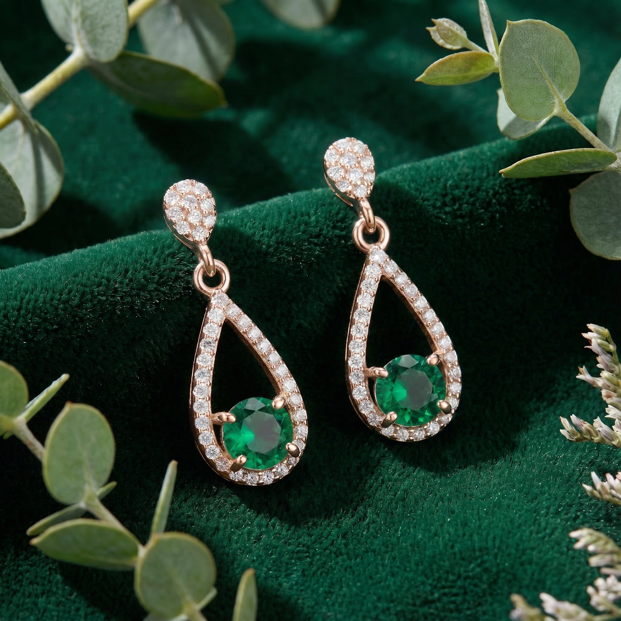Simulated emerald drop earrings in solid rose gold.