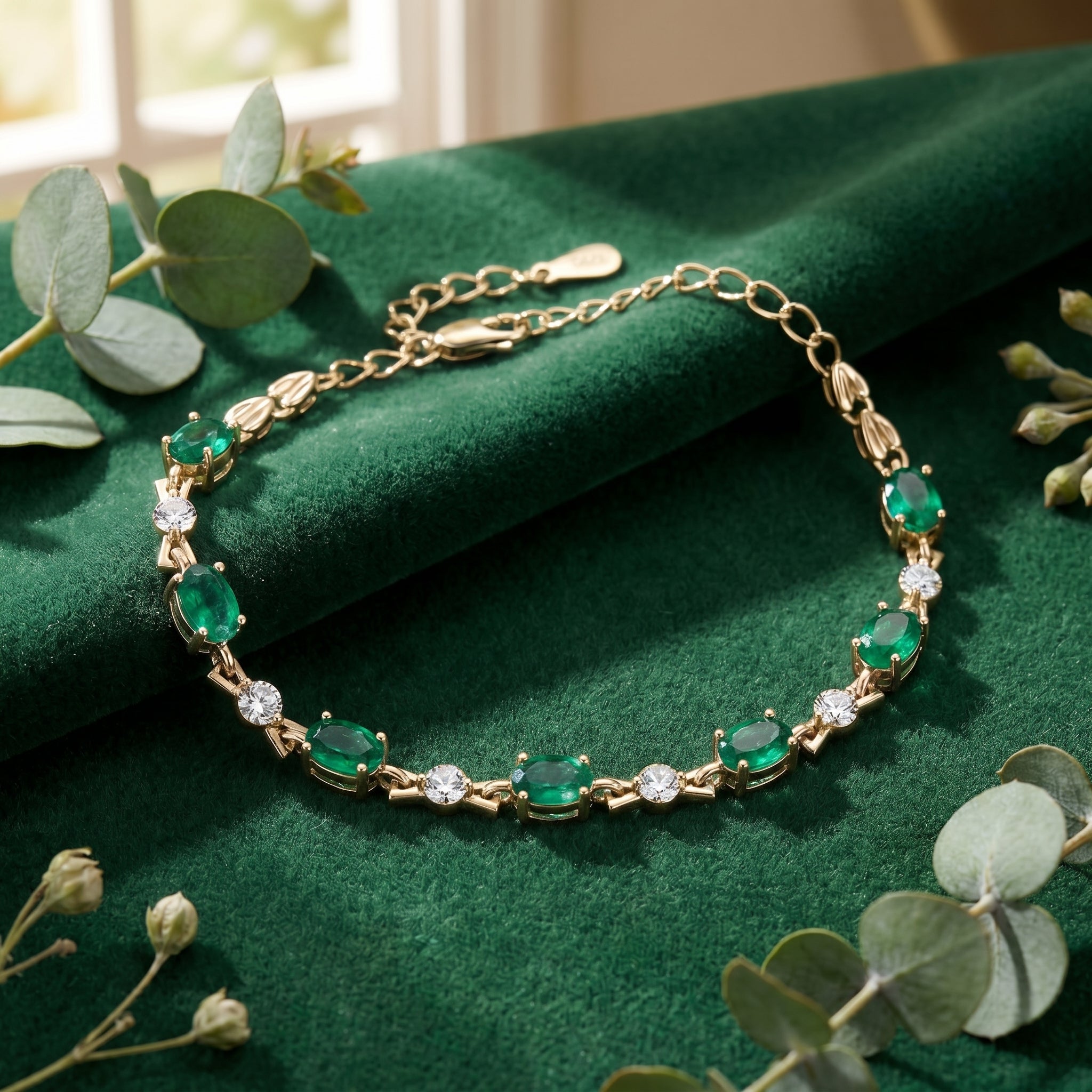 The Lucentia oval simulated emerald tennis bracelet in solid yellow gold.