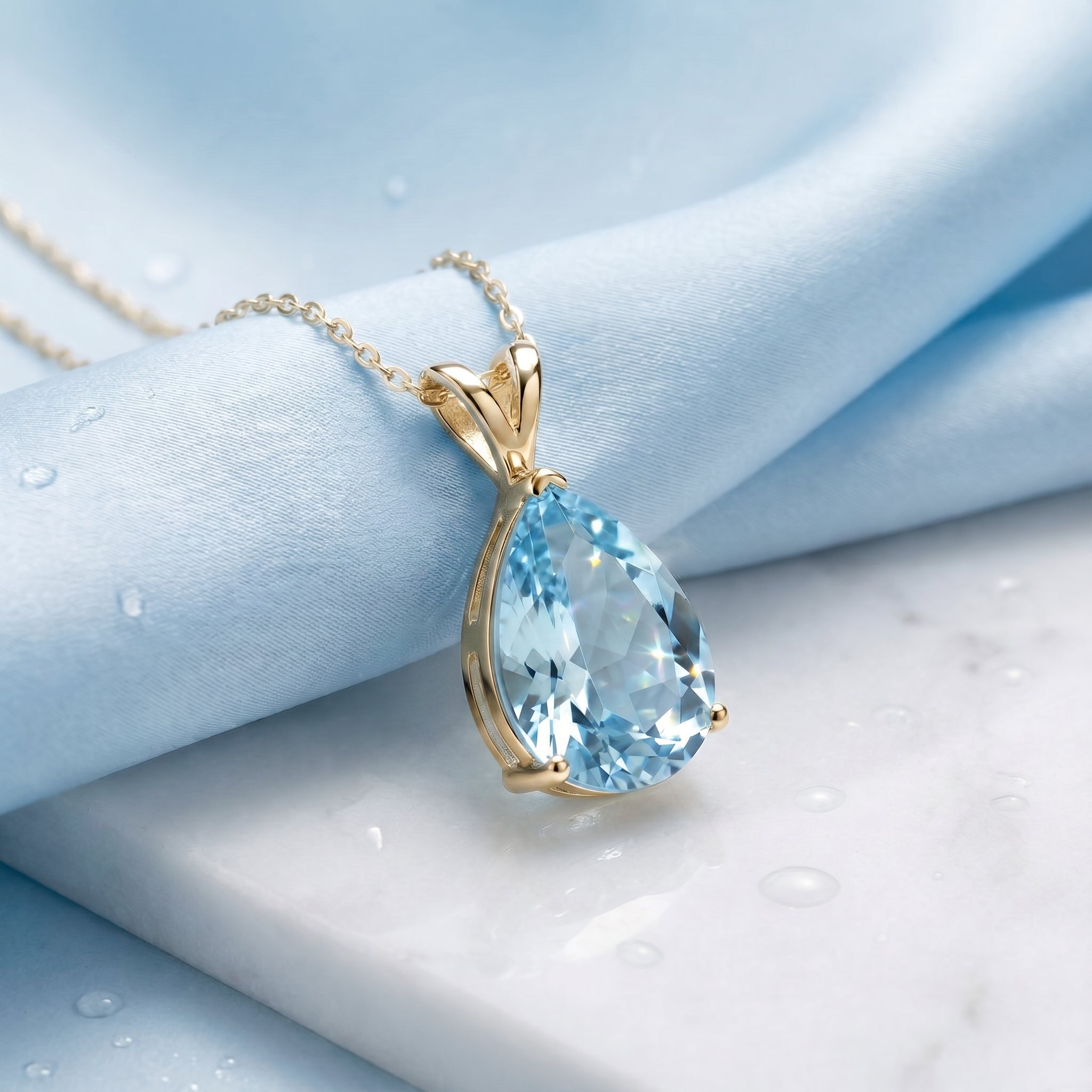 Pear-cut simulated aquamarine necklace in solid yellow gold.