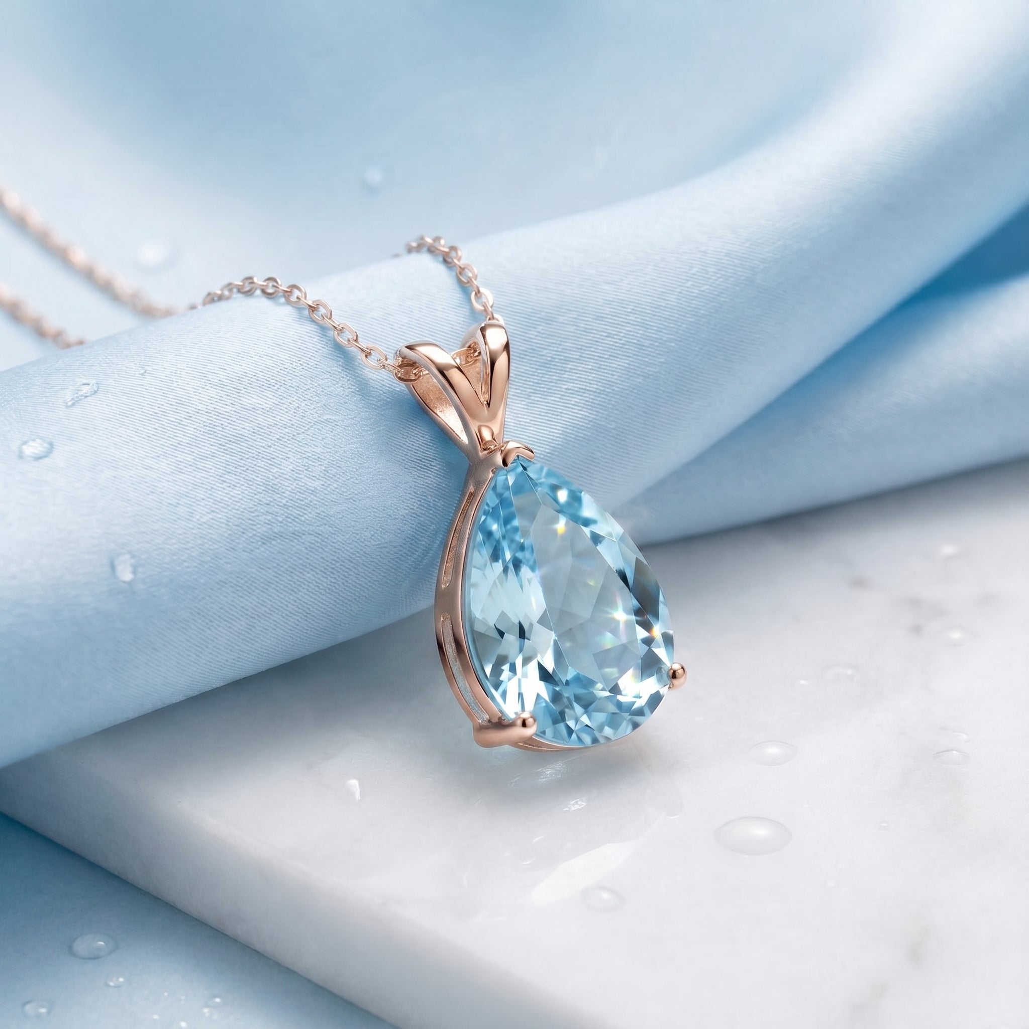 Pear-cut simulated aquamarine necklace in solid rose gold.