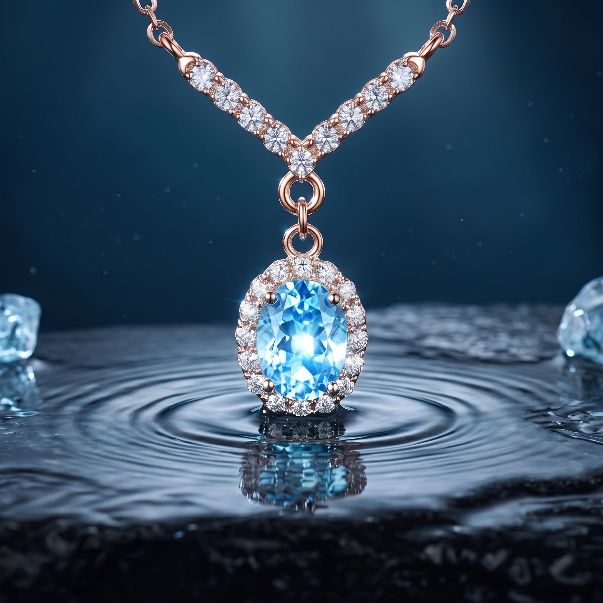 Aquamarine oval halo necklace in rose gold.