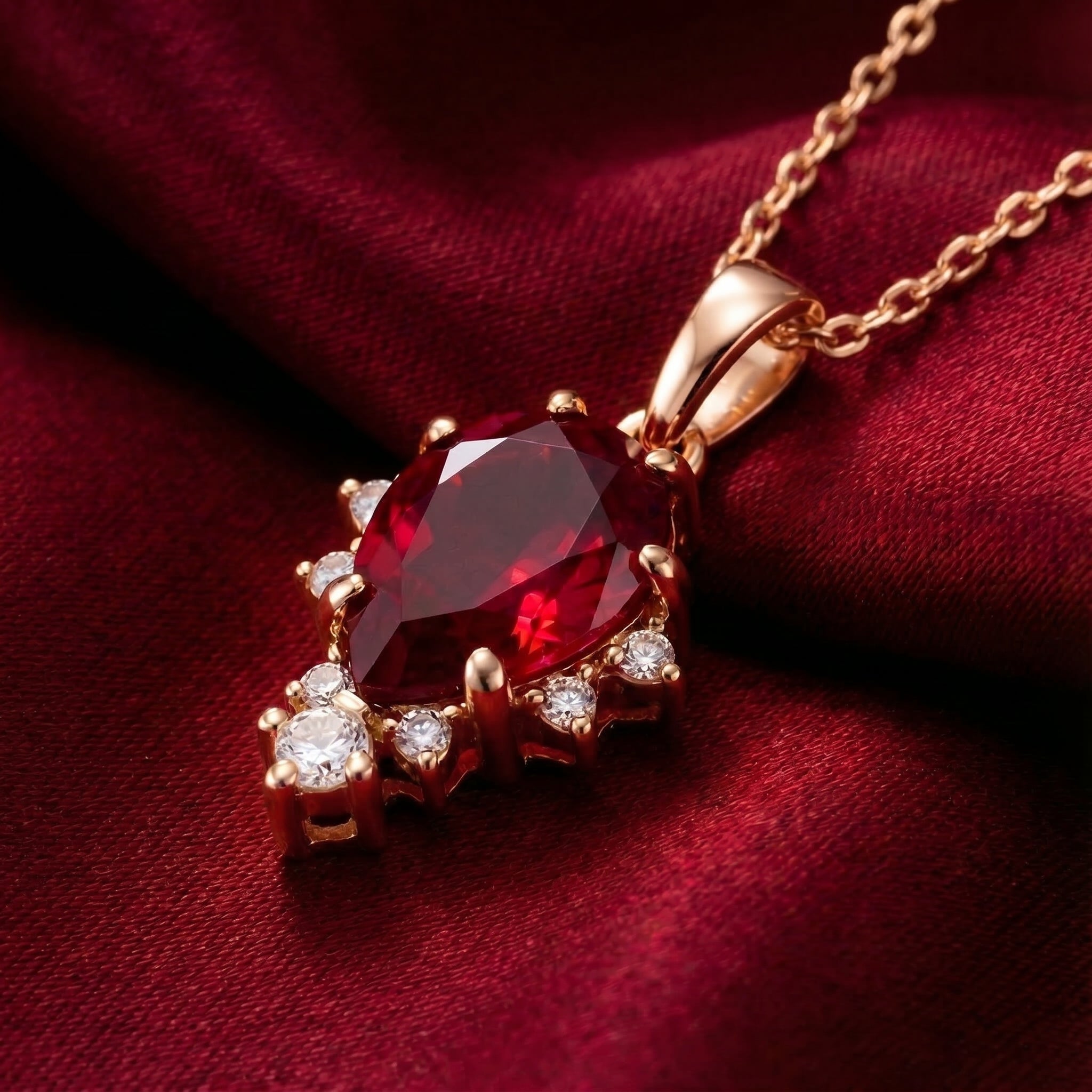 The Mirellia pear cut simulated ruby necklace in solid rose gold.