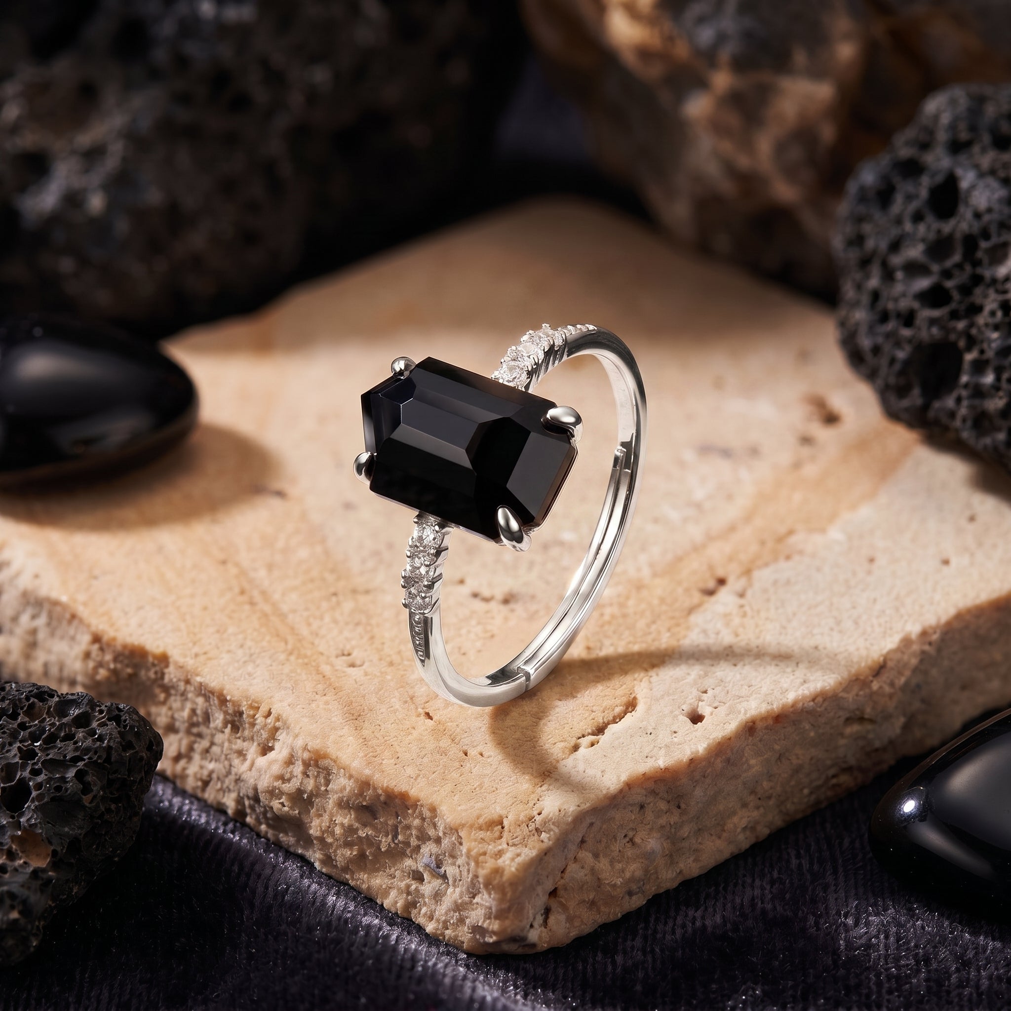 The Noctura natural onyx ring in solid white gold.