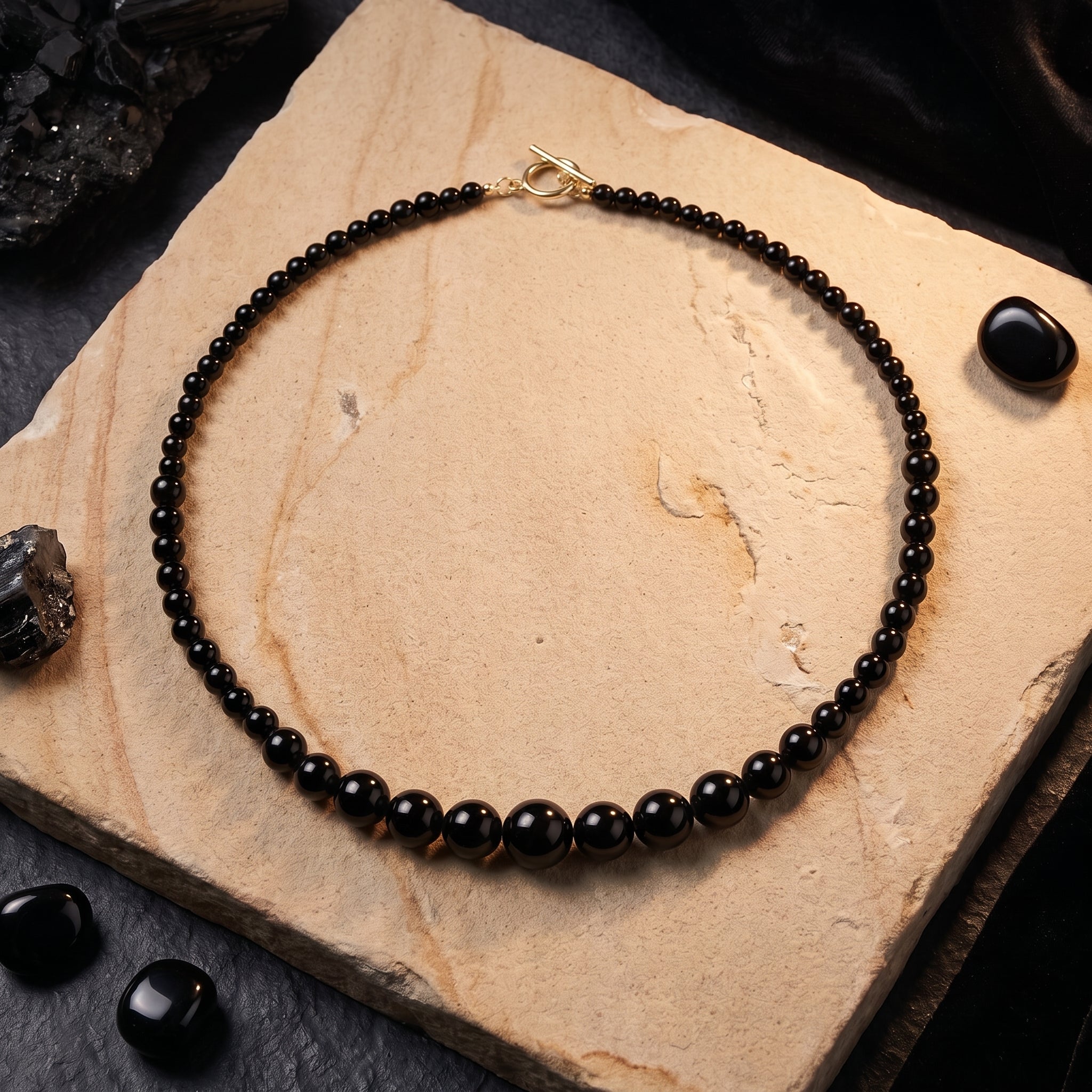 The Penumbra graduated natural black onyx necklace in yellow gold.