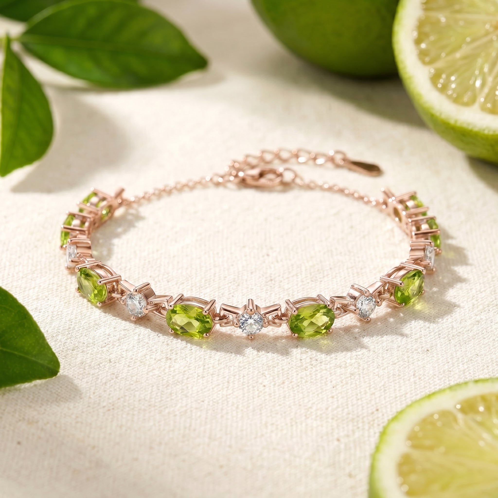 Peridelle station bracelet with simulated peridot in solid rose gold.