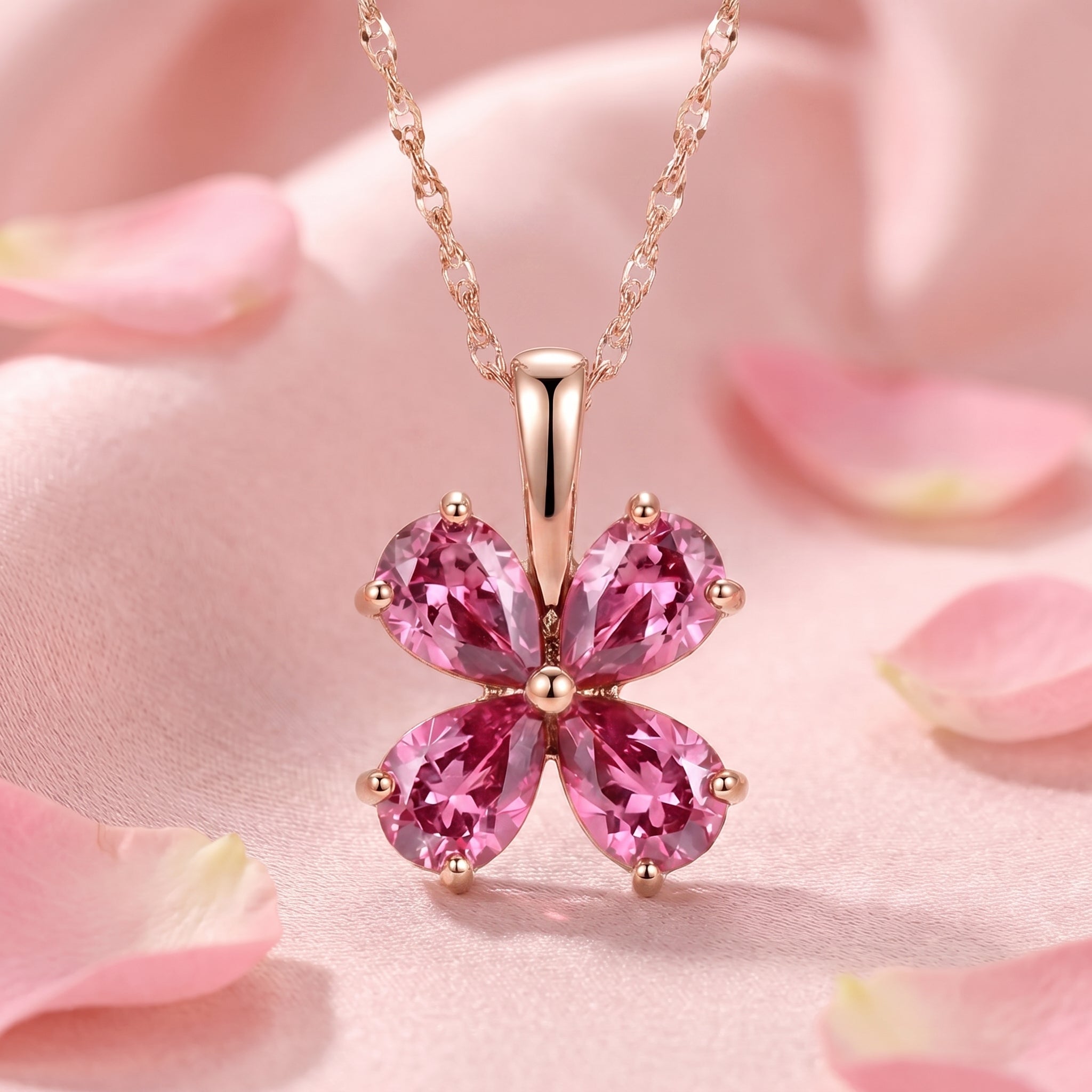 Petalina flower necklace with simulated pink tourmalines in solid rose gold.