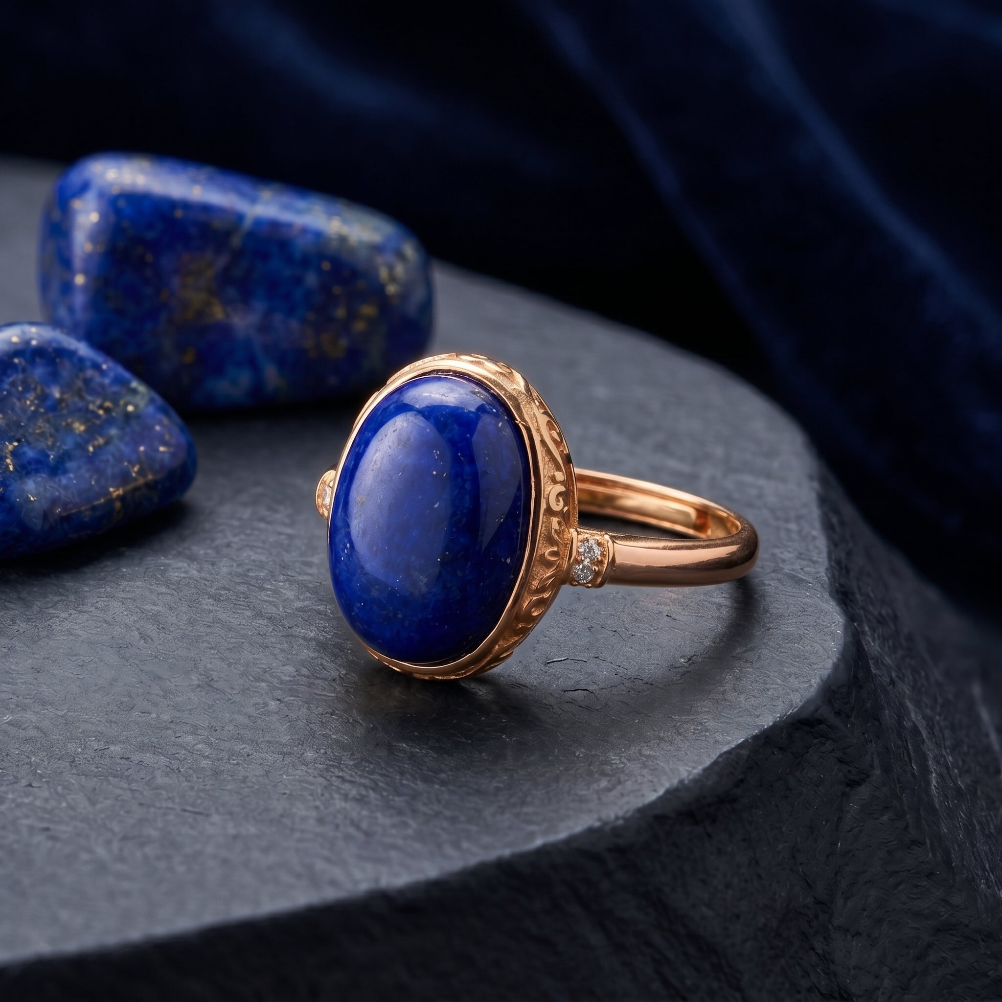 Solid rose gold lapis lazuli ring.