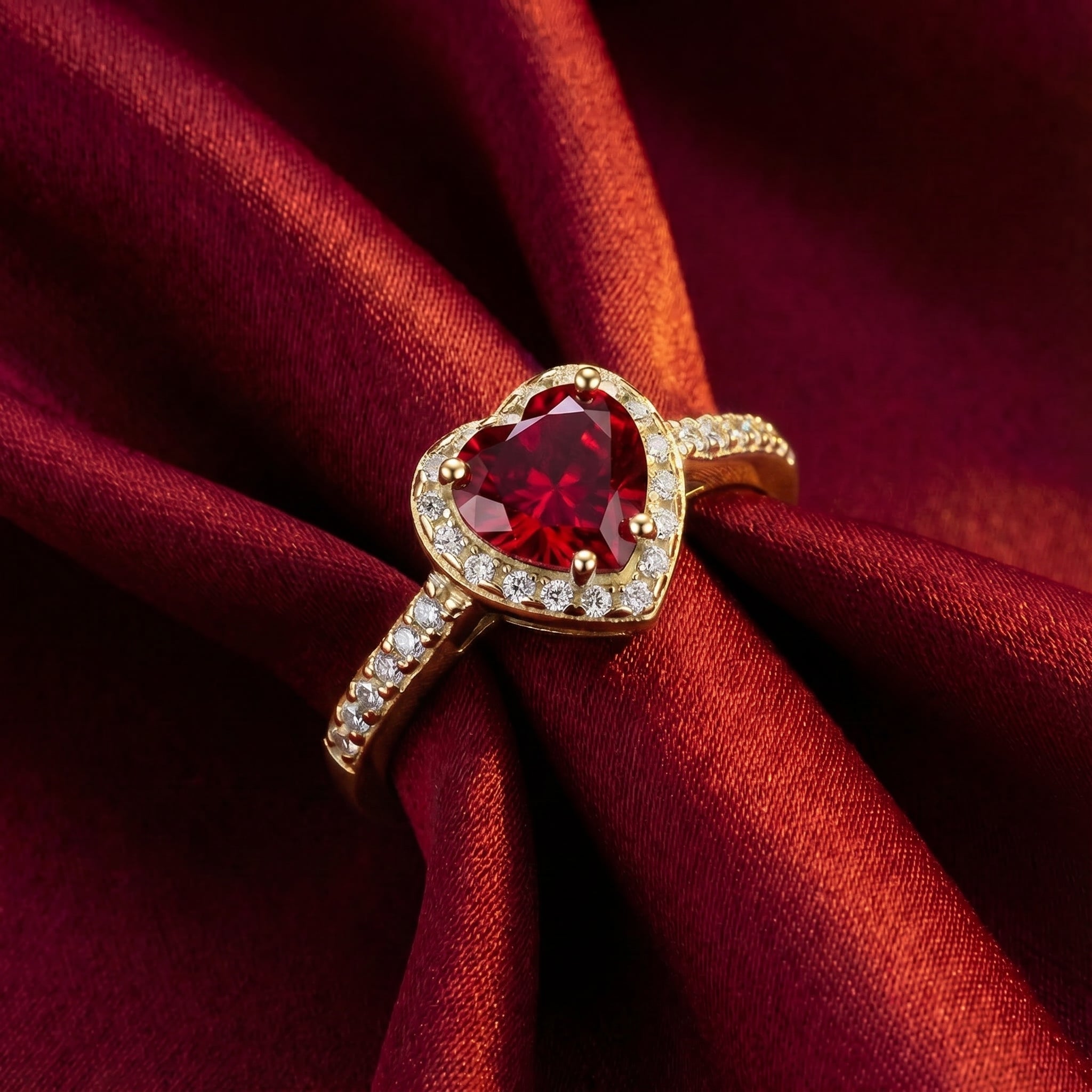 The Valerissa Heart Ring with a simulated ruby in solid yellow gold.