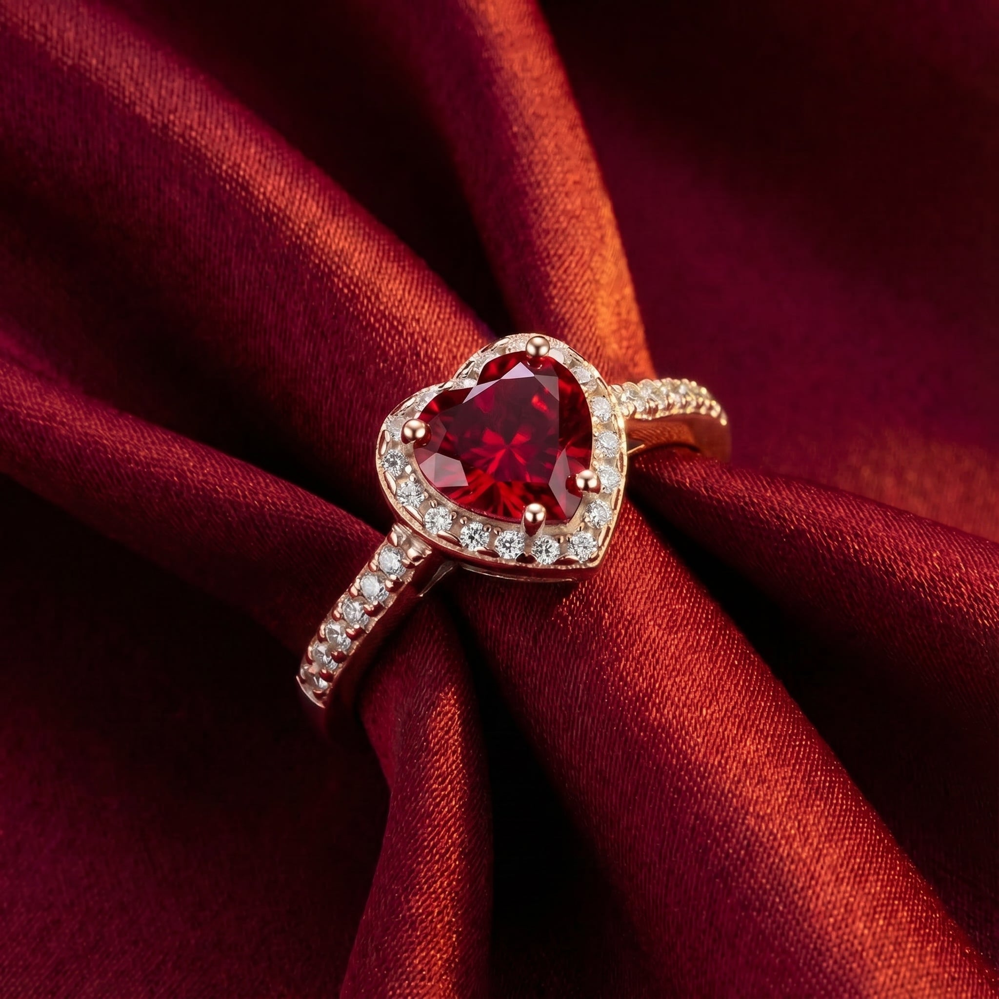 The Valerissa Heart Ring with a simulated ruby in solid rose gold.