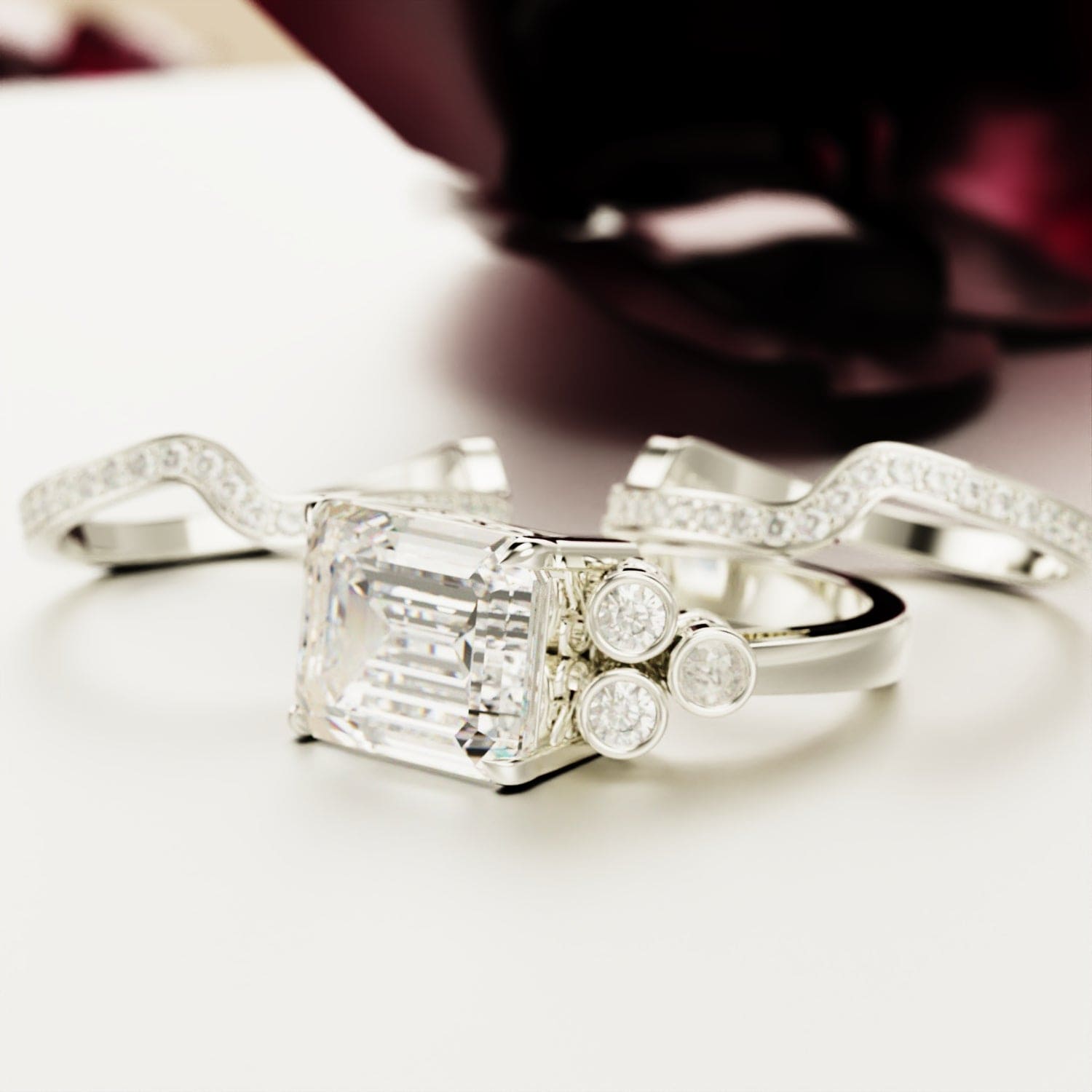 Amor eterno: conjunto de anillos con diamantes de talla esmeralda - Plata de ley S925