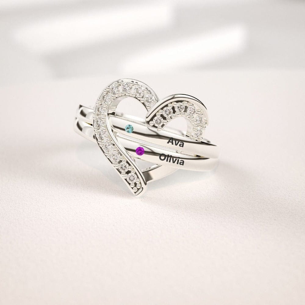 Anillo de corazón personalizado con plata 925S para la familia | 1-7 nombres y piedras de nacimiento